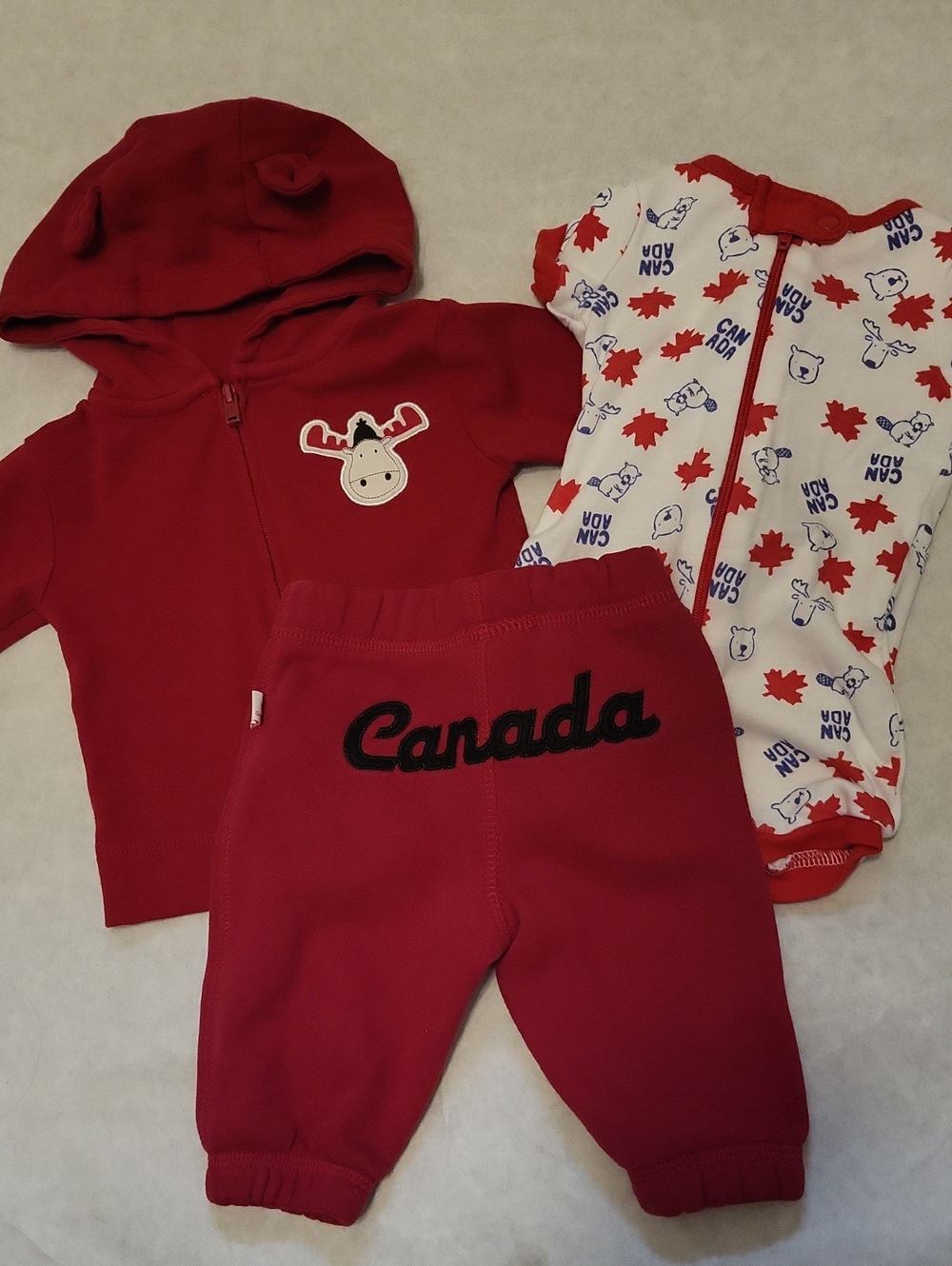 Canada red baby outfit set - hoodie, pants & maple leaf print short romper